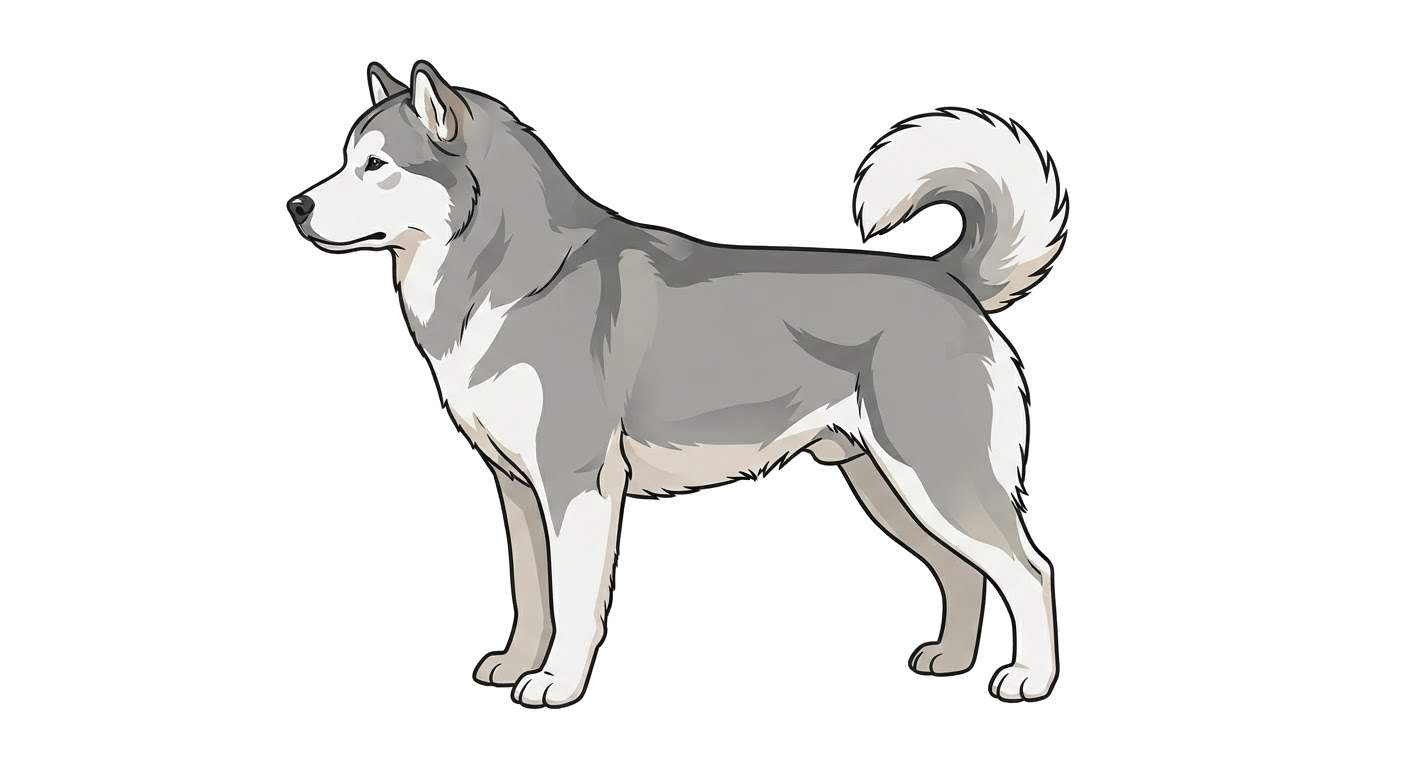 Side profile illustration of a Alaskan Malamute showing the points of the breed standard