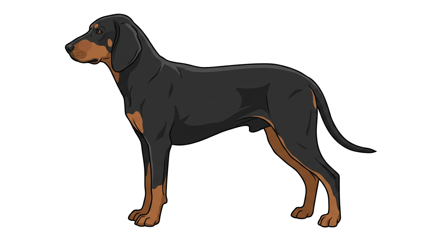 Side profile illustration of a Austrian Black and Tan Hound showing the points of the breed standard