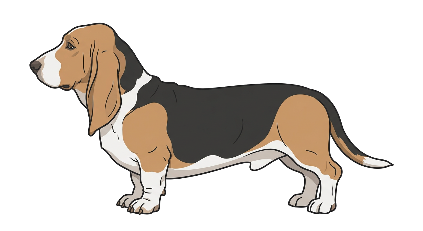 Side profile illustration of a Basset Artésien Normand showing the points of the breed standard