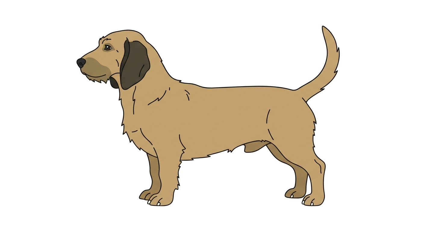 Side profile illustration of a Basset Fauve de Bretagne showing the points of the breed standard