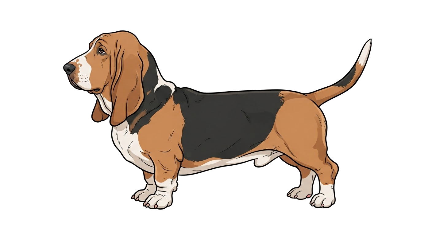 Side profile illustration of a Basset Hound showing the points of the breed standard