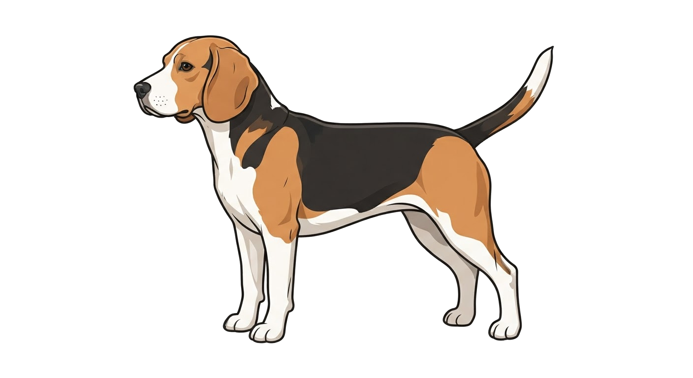 Side profile illustration of a Beagle Harrier showing the points of the breed standard