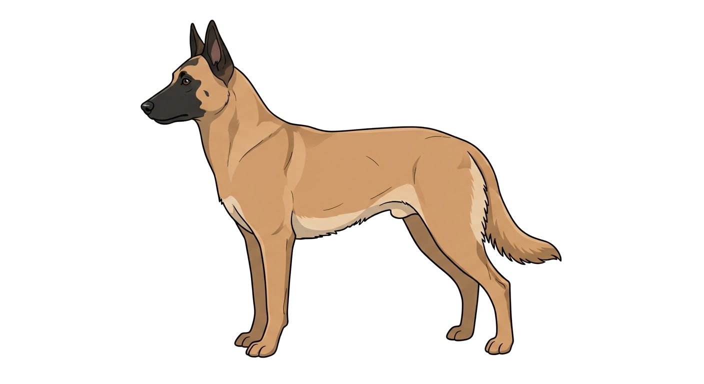 Side profile illustration of a Belgian Shepherd Dog (Malinois) showing the points of the breed standard