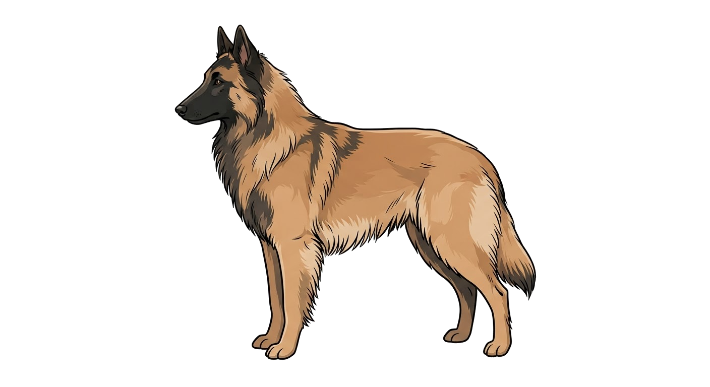 Side profile illustration of a Belgian Shepherd Dog (Tervueren) showing the points of the breed standard