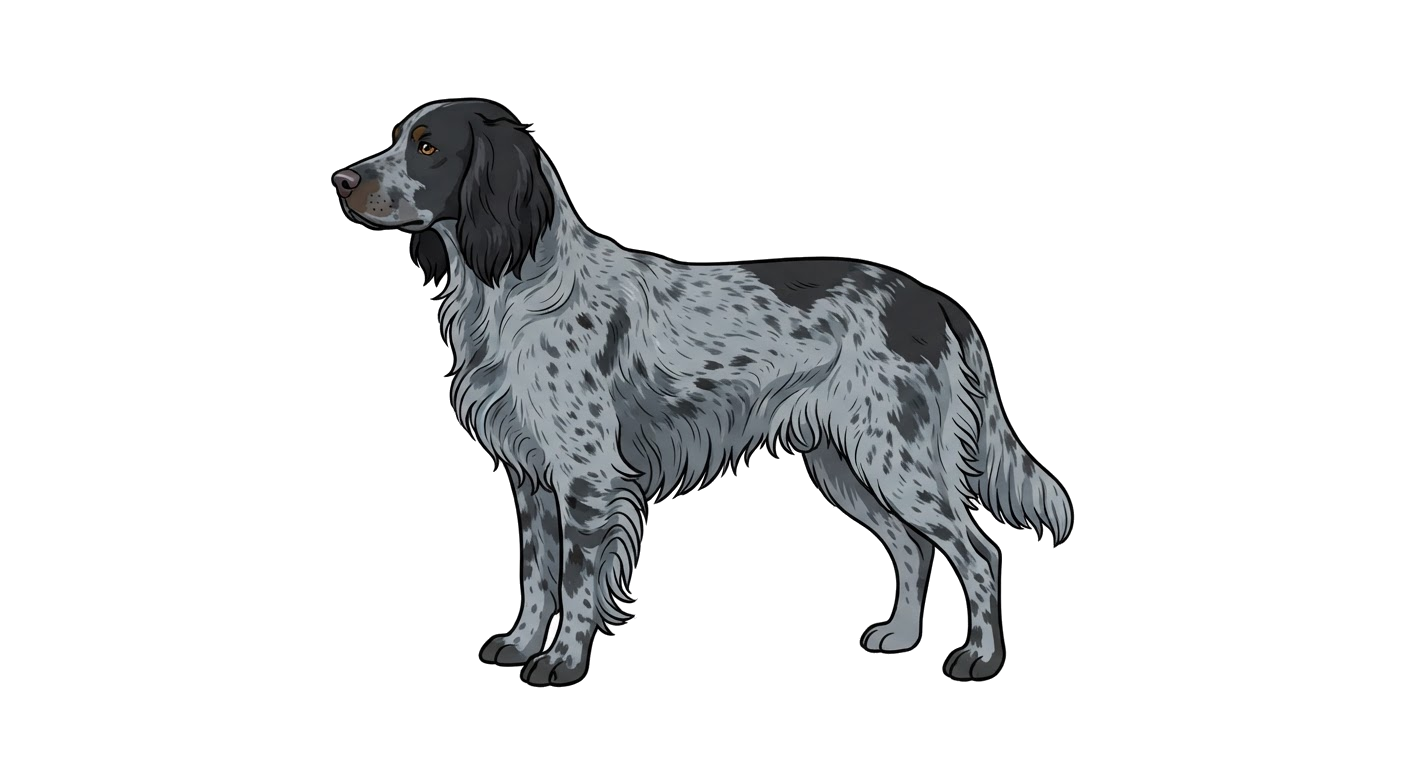 Side profile illustration of a Blue Picardy Spaniel showing the points of the breed standard