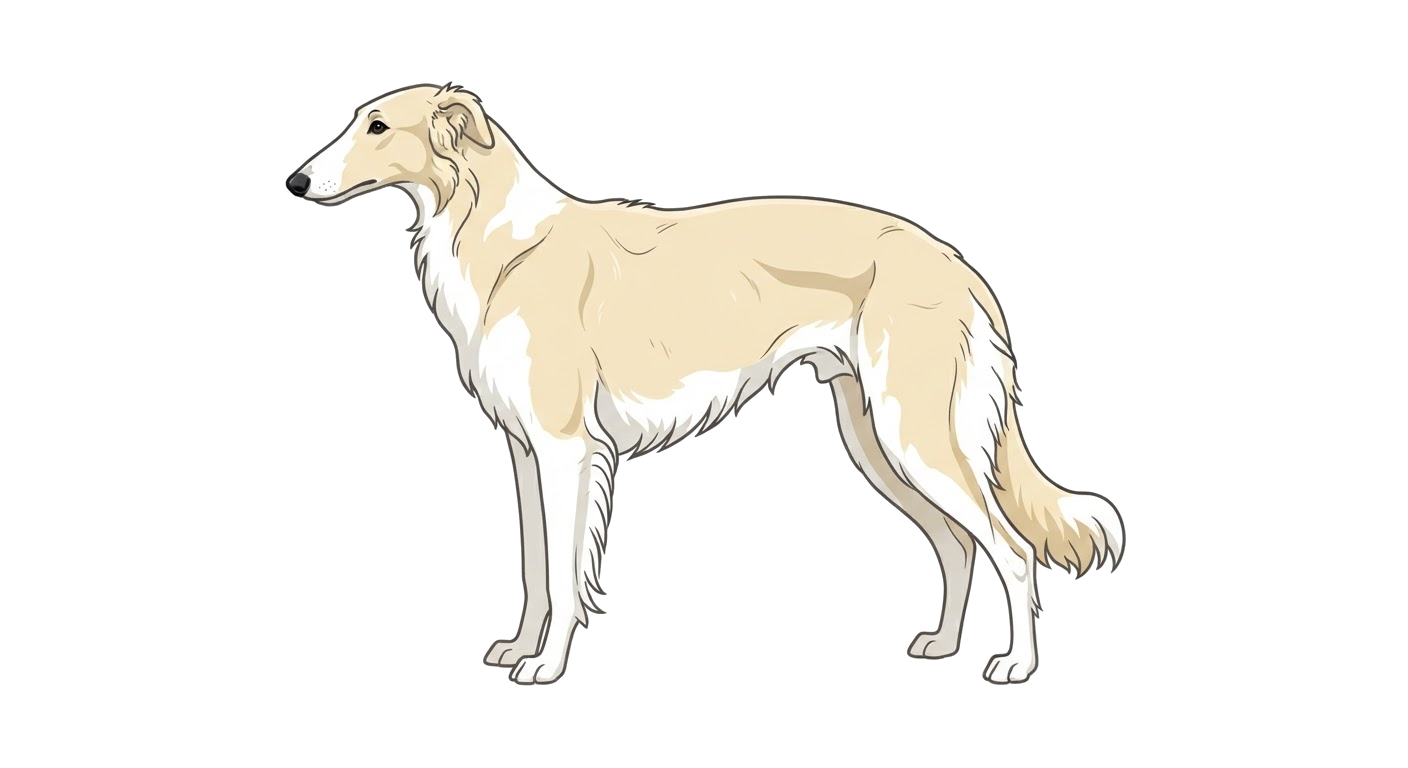Side profile illustration of a Borzoi showing the points of the breed standard