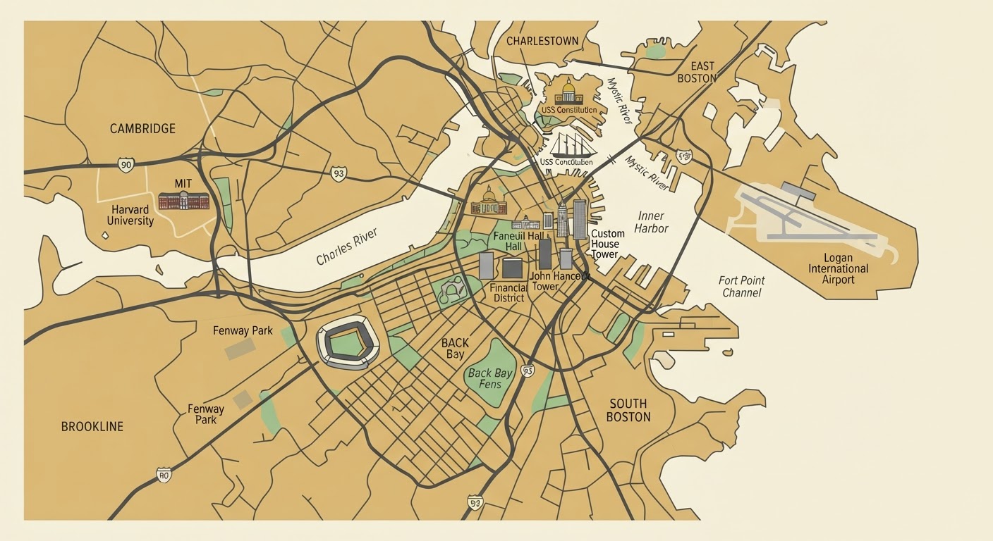 Illustrated map showing the origin of the Boston Terrier