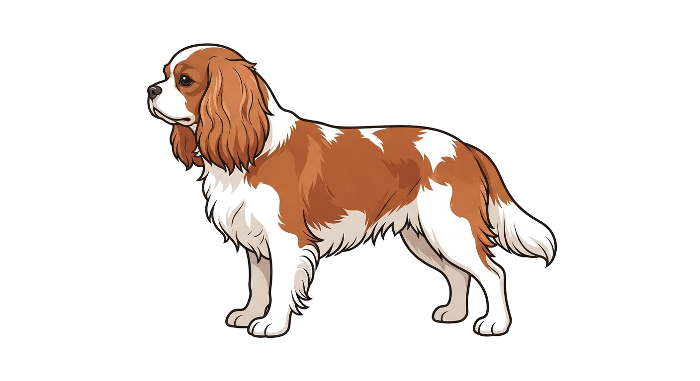 Side profile illustration of a Cavalier King Charles Spaniel showing the points of the breed standard