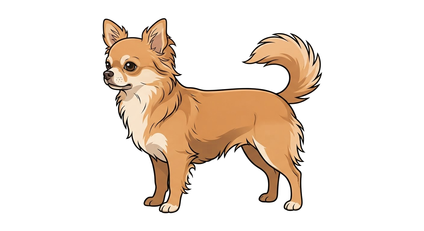 Side profile illustration of a Chihuahua (Long Coat) showing the points of the breed standard