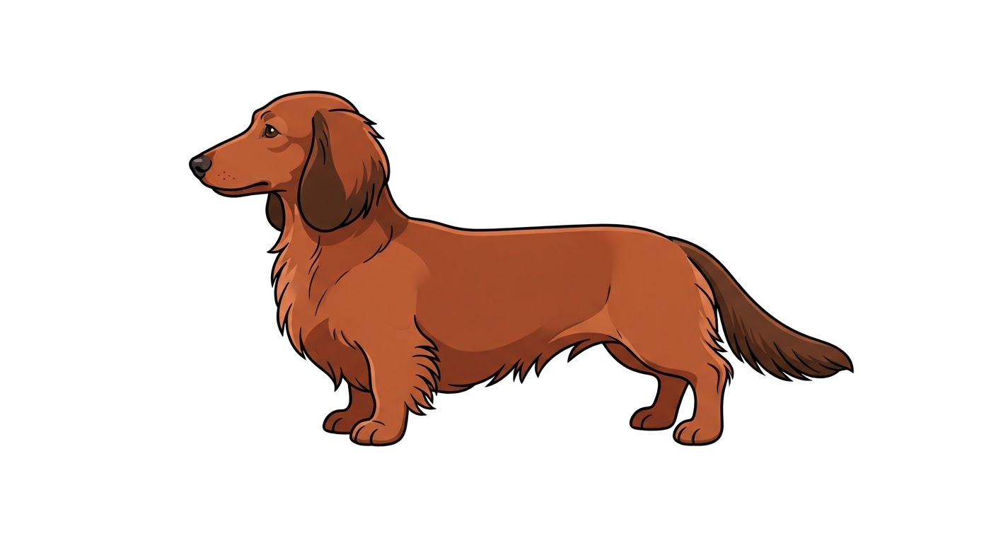 Side profile illustration of a Dachshund (Long Haired) showing the points of the breed standard