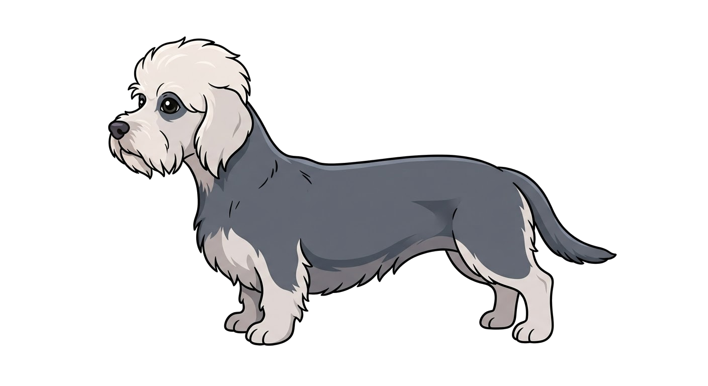 Side profile illustration of a Dandie Dinmont Terrier showing the points of the breed standard