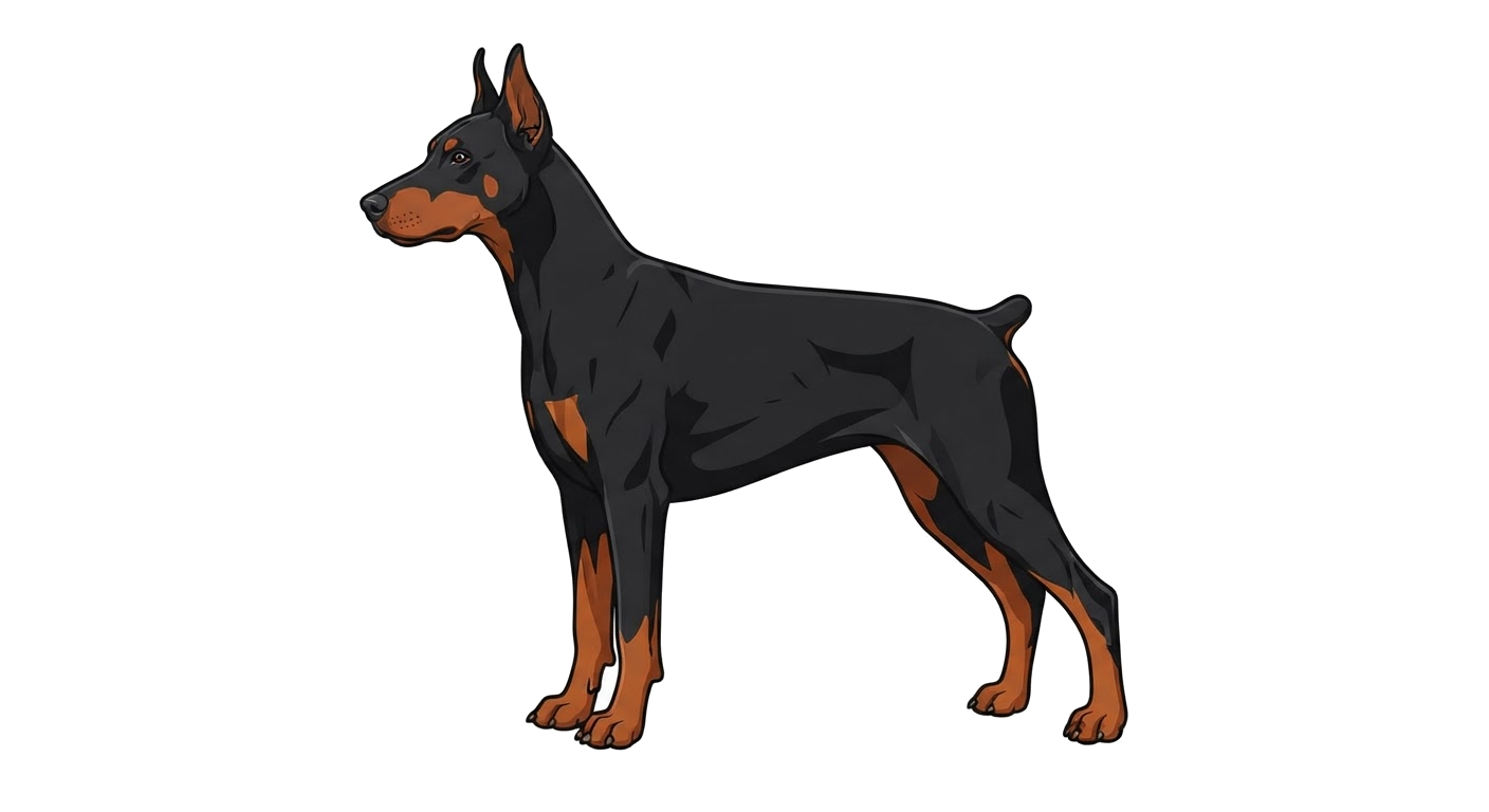 Side profile illustration of a Dobermann showing the points of the breed standard