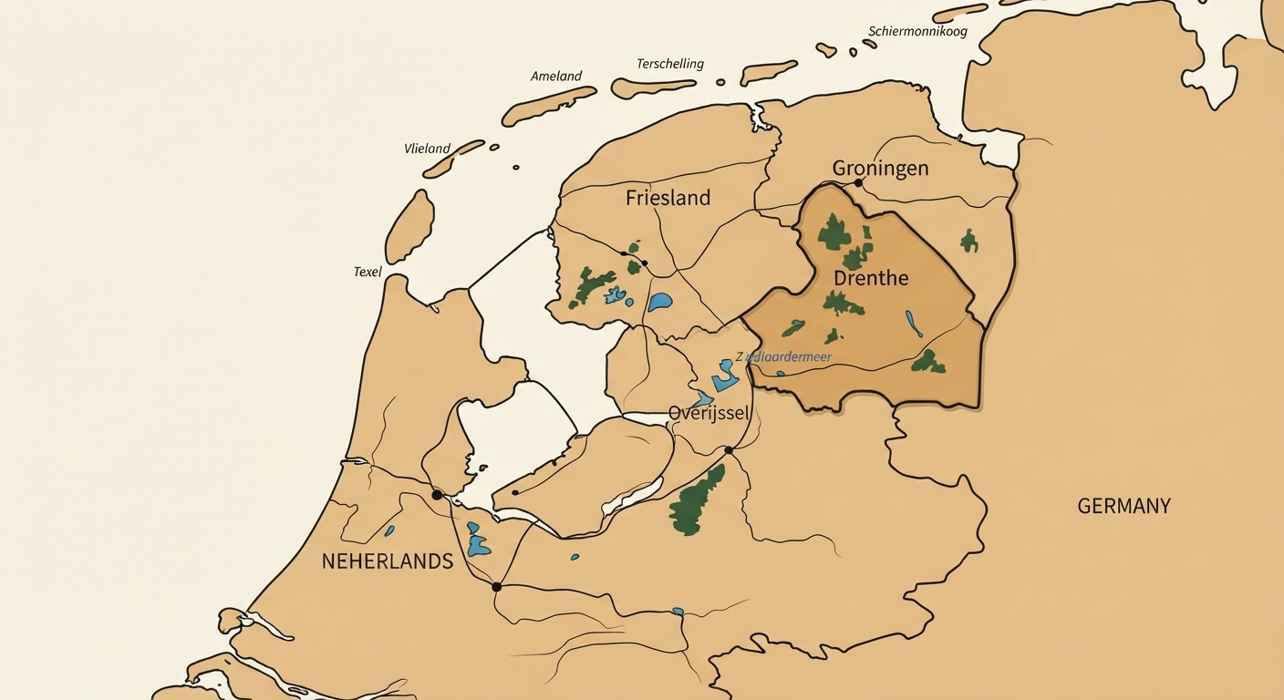 Illustrated map showing the origin of the Drentsche Patrijshond