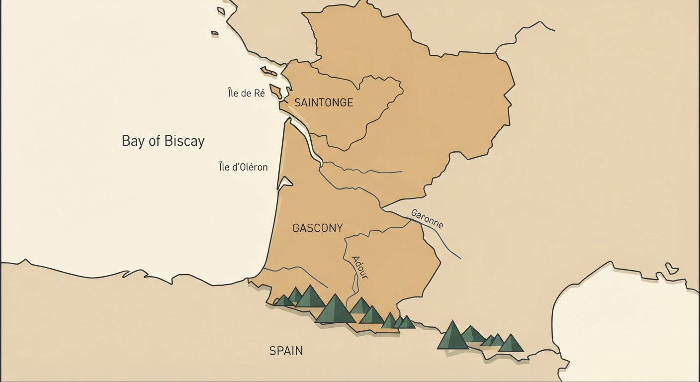 Illustrated map showing the origin of the Gascon Saintongeois