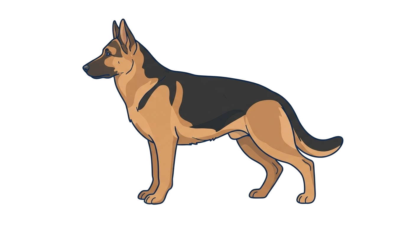 Side profile illustration of a German Shepherd Dog showing the points of the breed standard