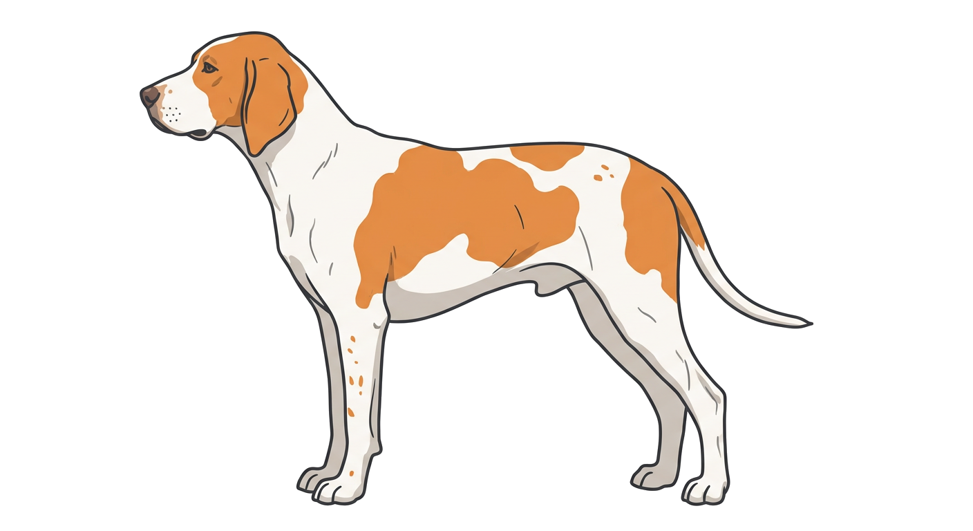 Side profile illustration of a Grand Anglo-Français Blanc et Orange showing the points of the breed standard