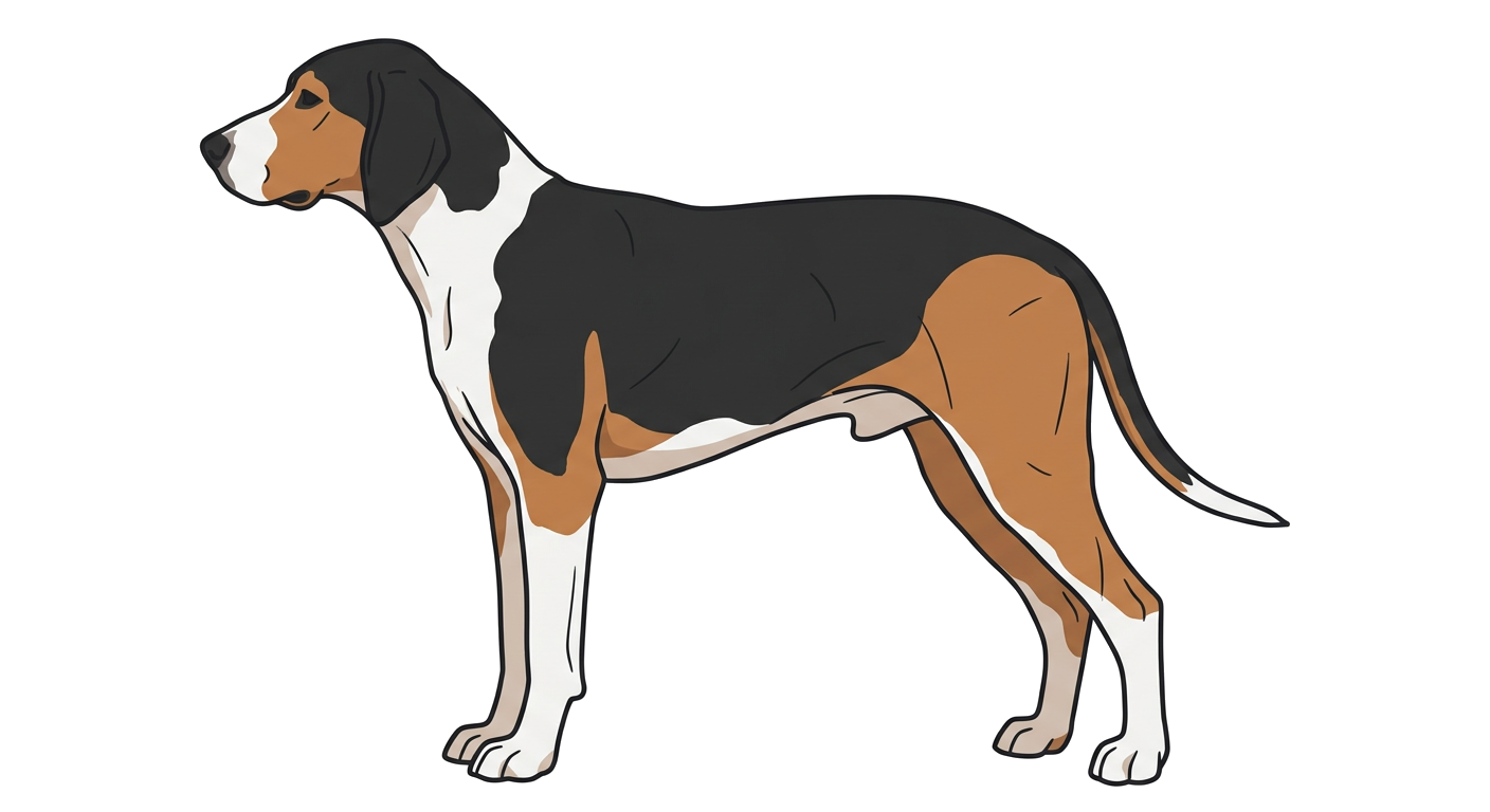 Side profile illustration of a Grand Anglo-Français Tricolore showing the points of the breed standard