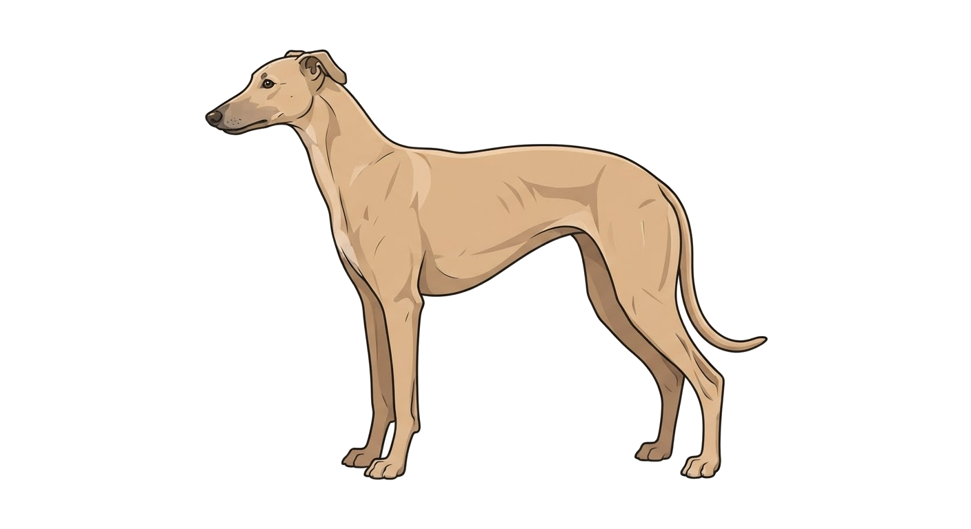 Side profile illustration of a Greyhound showing the points of the breed standard