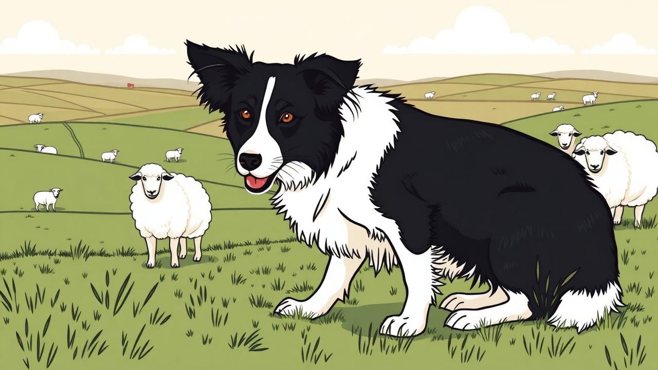 A Border Collie crouched low, holding eye on a flock of sheep