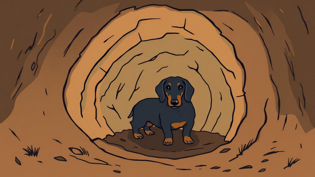 A dachshund entering a badger tunnel in an earth bank