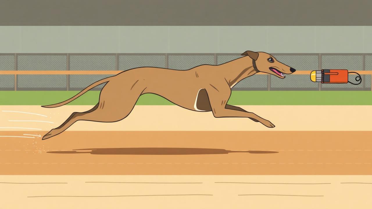 A greyhound at full stretch on a track chasing a mechanical lure