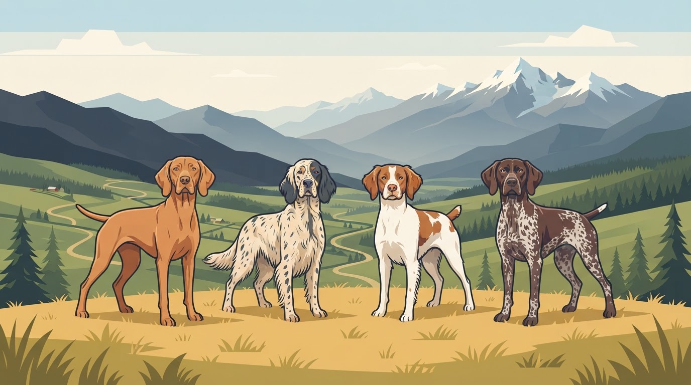 Rare regional pointing breeds lined up against a mountain and valley backdrop
