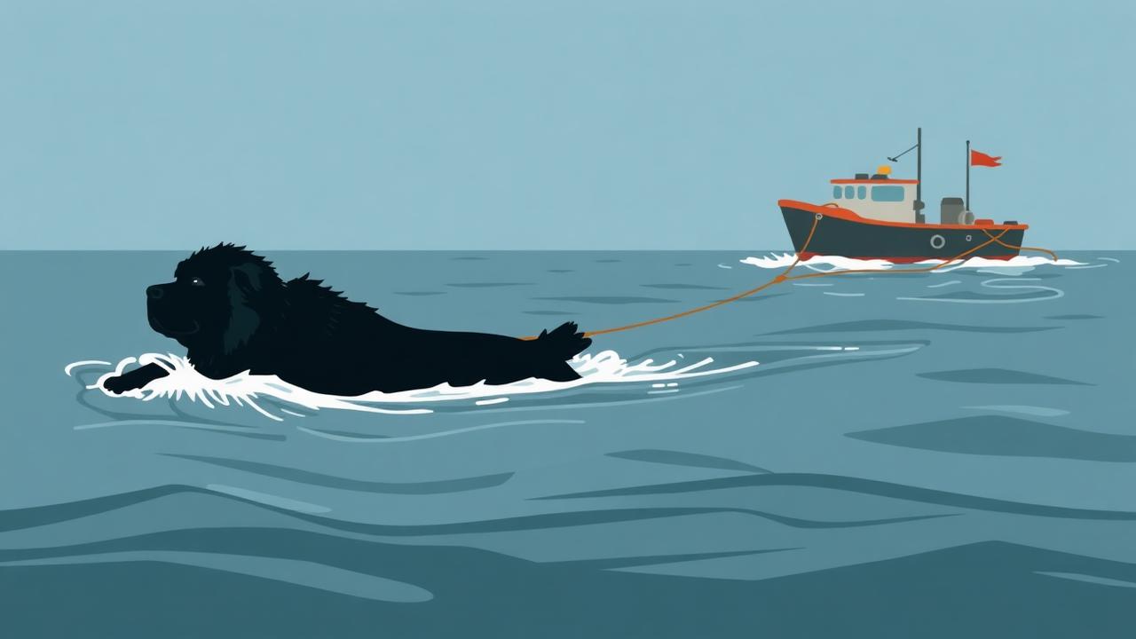 A Newfoundland swimming while towing a line to a fishing boat