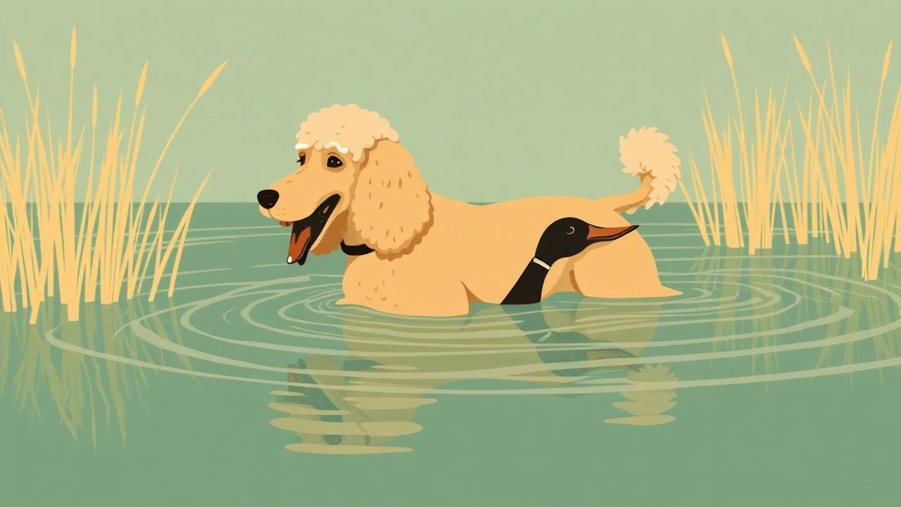 A poodle in a working clip retrieving a duck from a lake