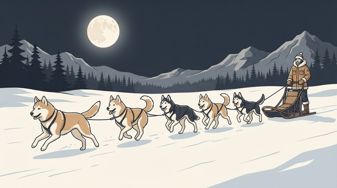 A Siberian Husky team pulling a sled across snow at night