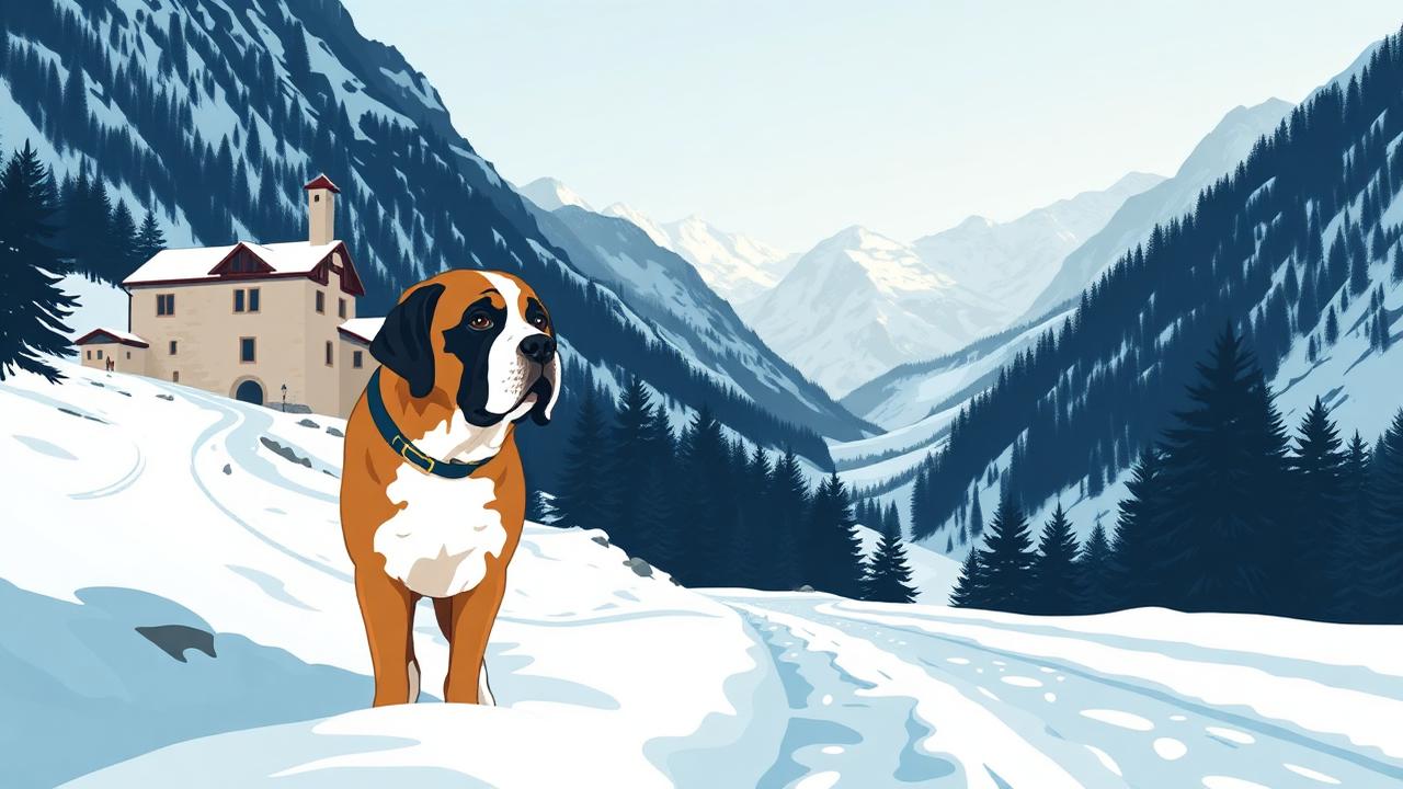 A St Bernard in deep snow beside an alpine monastery hospice