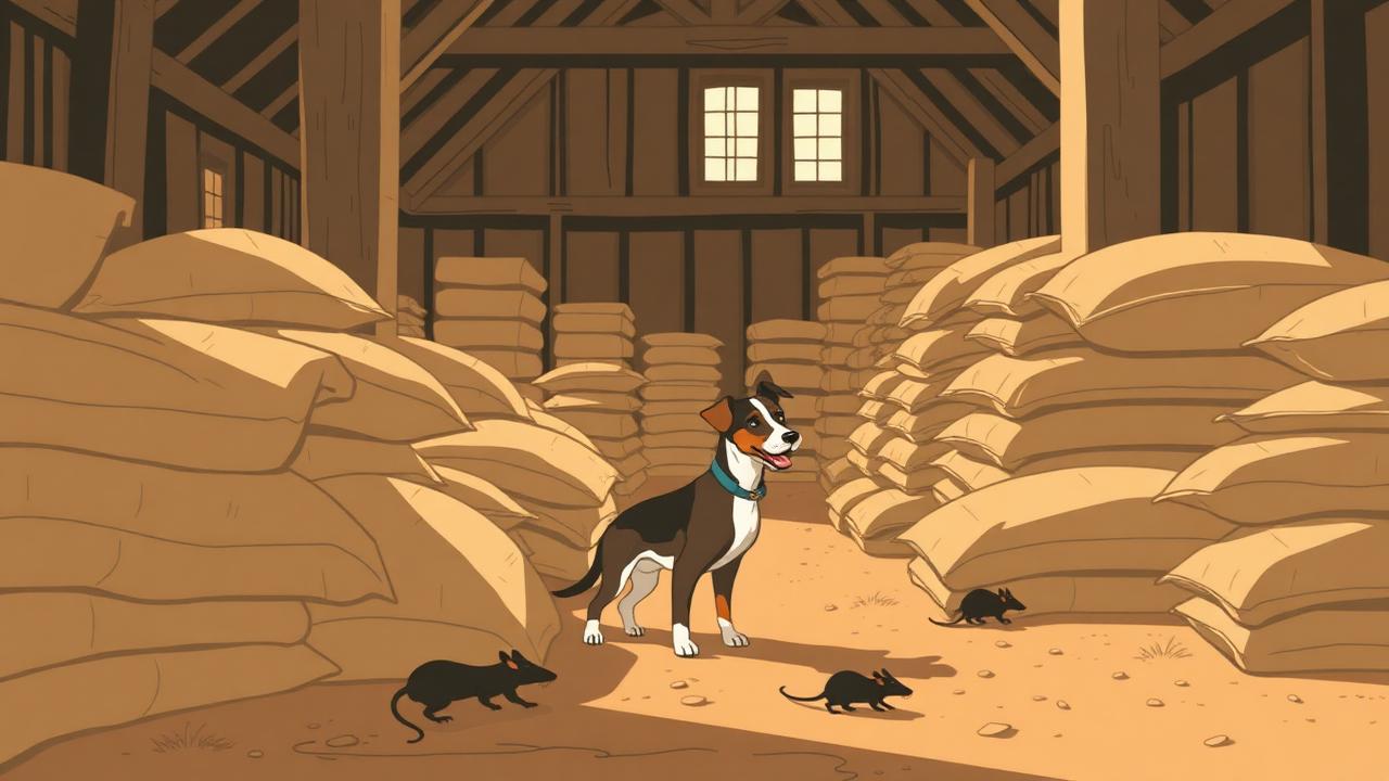 A working terrier alert among grain sacks in a barn, rats nearby