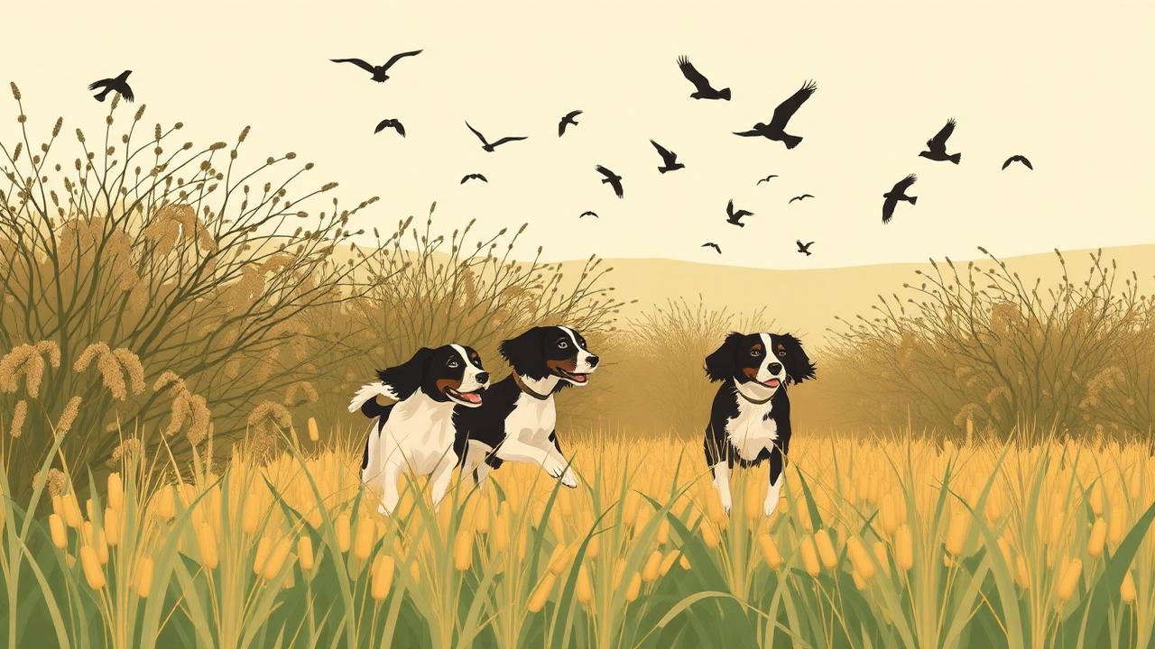 Spaniels bursting through dense cover as birds scatter airborne