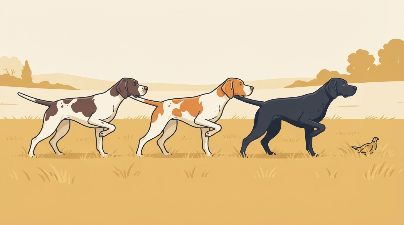 Several pointing breeds frozen mid-field in a rigid point stance