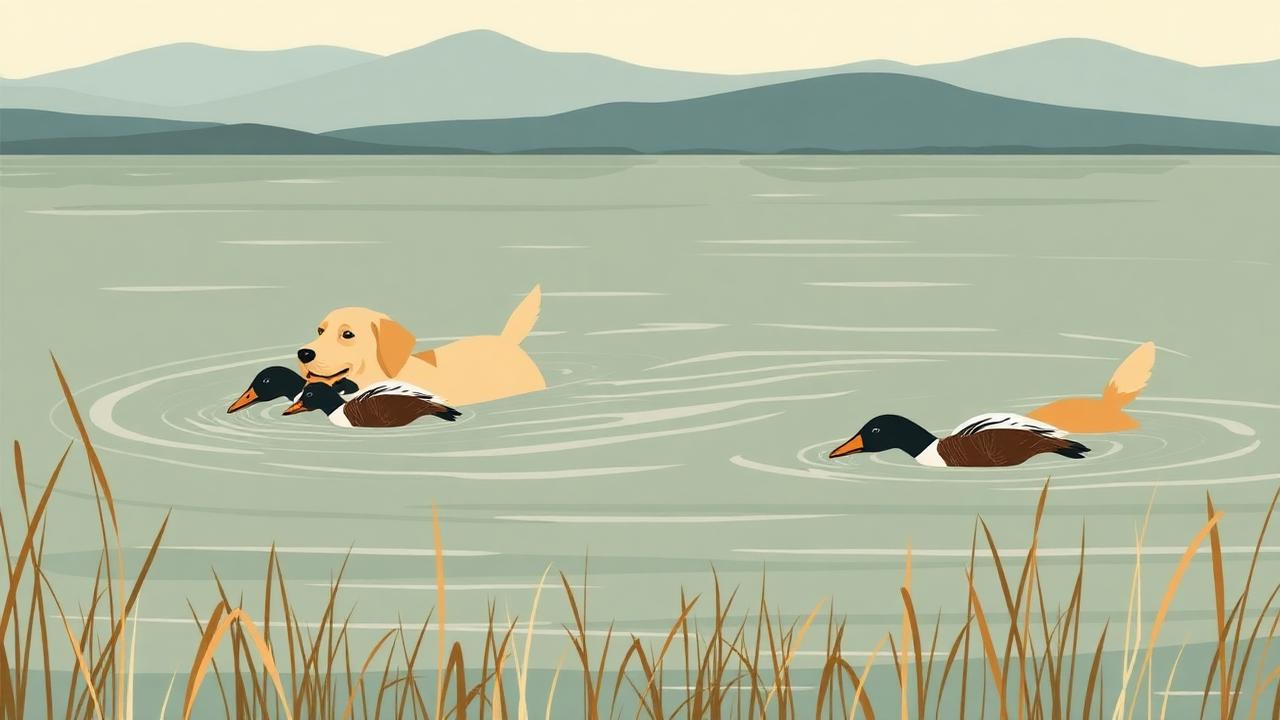 A retriever swimming while carrying a downed duck