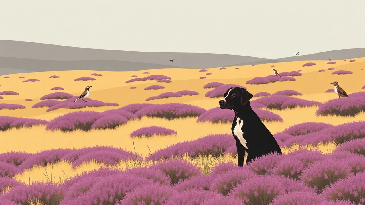 Setters crouched low in heather moorland near hidden game birds