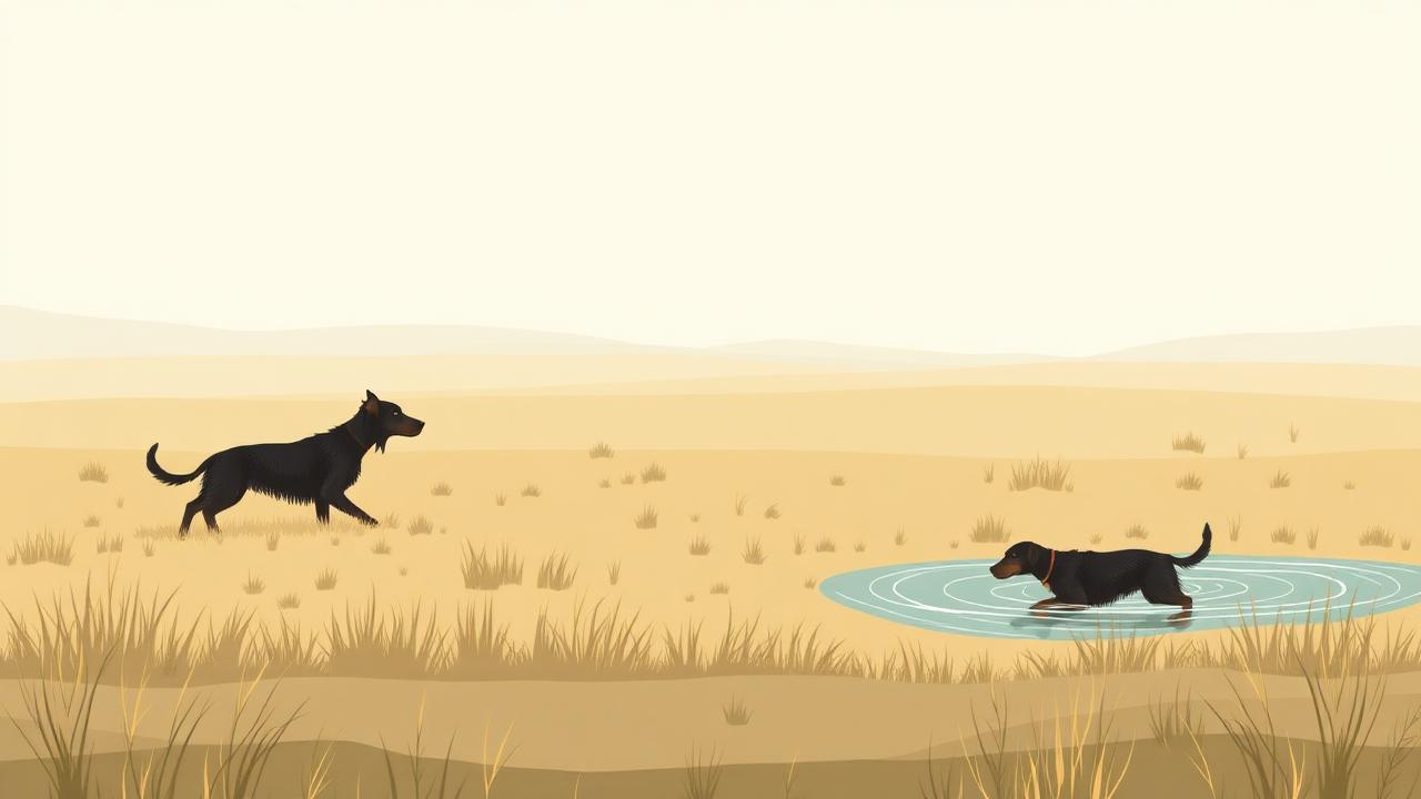 One all-purpose hunting dog pointing, tracking and retrieving across a single scene
