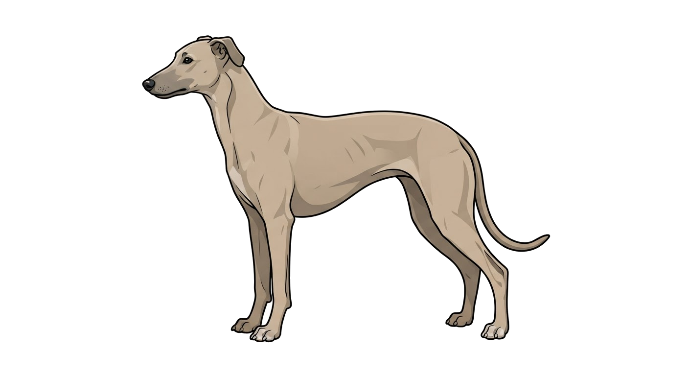 Side profile illustration of a Hungarian Greyhound showing the points of the breed standard