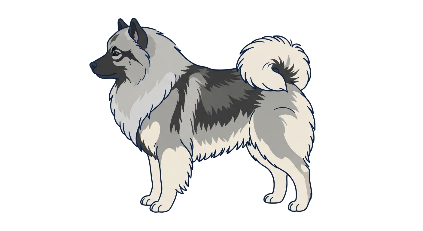 Side profile illustration of a Keeshond showing the points of the breed standard