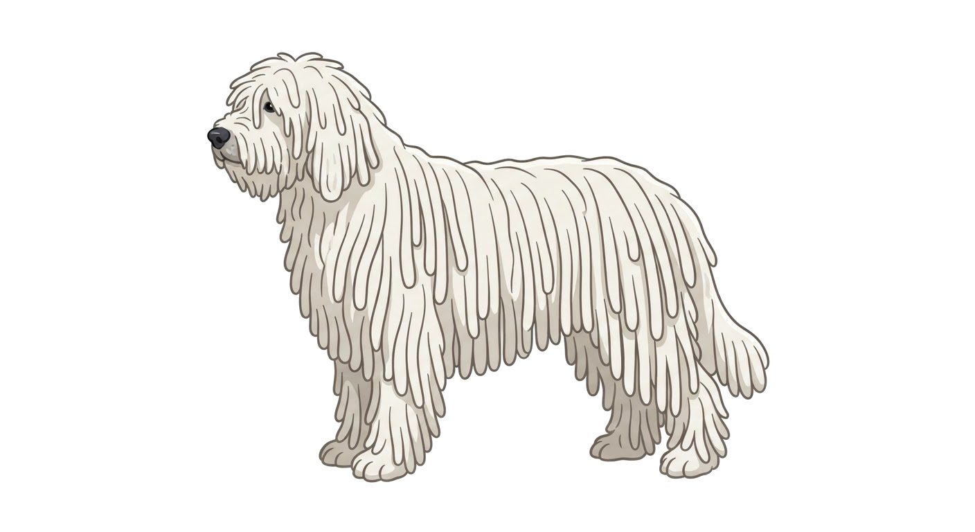 Side profile illustration of a Komondor showing the points of the breed standard