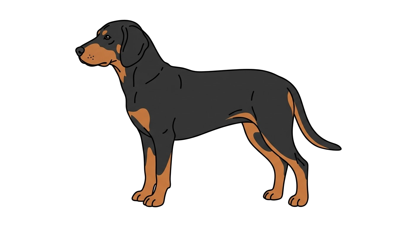 Side profile illustration of a Montenegrin Mountain Hound showing the points of the breed standard