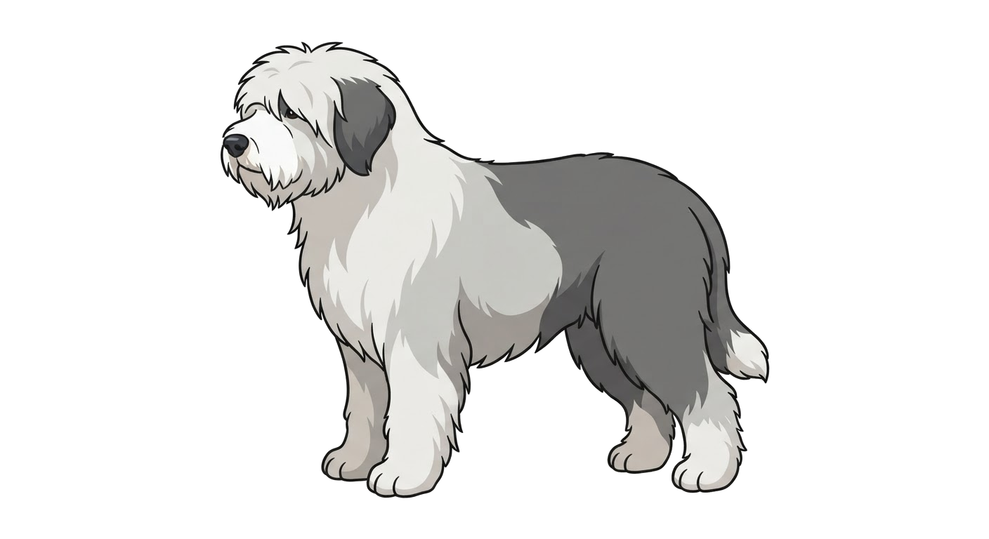 Side profile illustration of a Old English Sheepdog showing the points of the breed standard