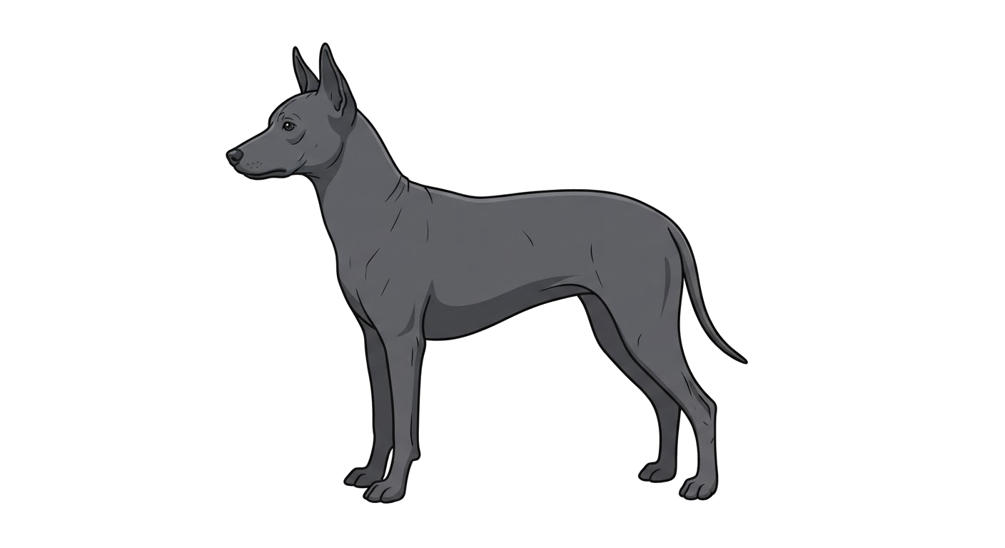 Side profile illustration of a Peruvian Hairless Dog showing the points of the breed standard