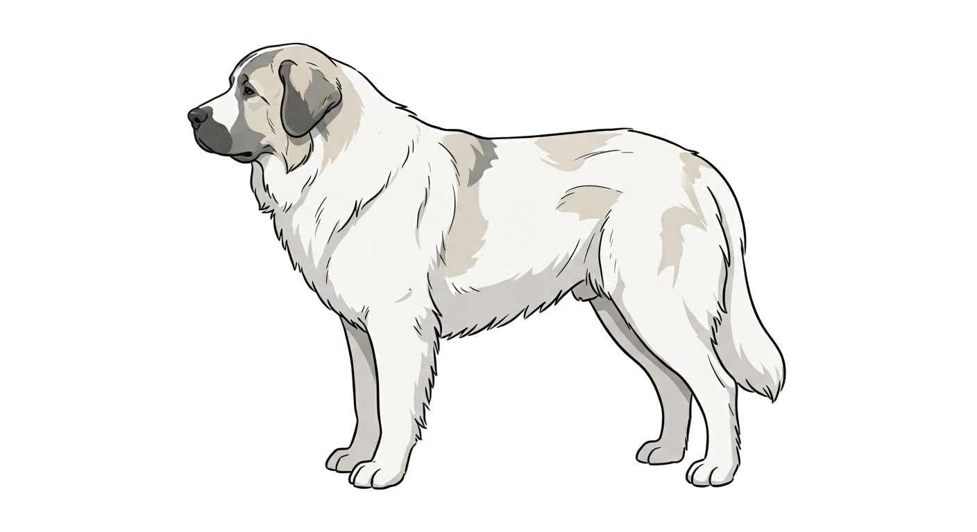 Side profile illustration of a Pyrenean Mastiff showing the points of the breed standard