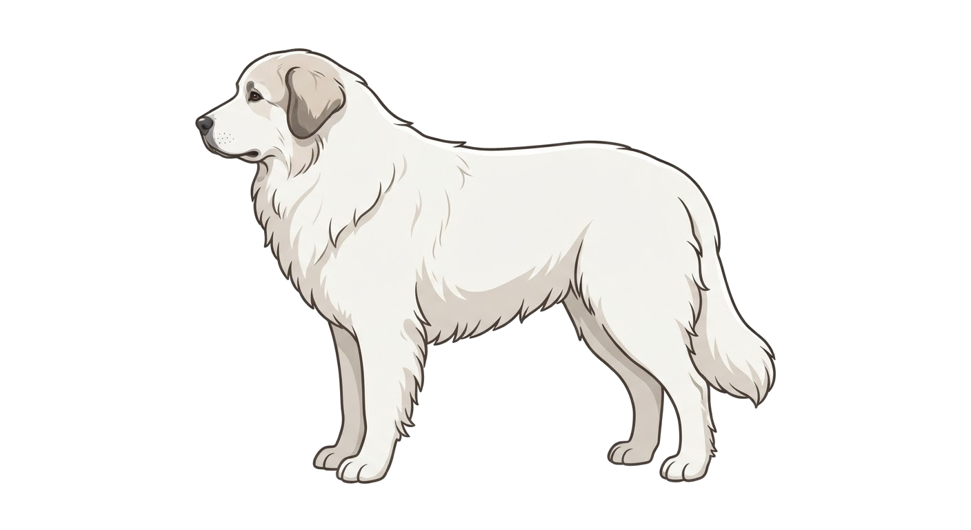 Side profile illustration of a Pyrenean Mountain Dog showing the points of the breed standard