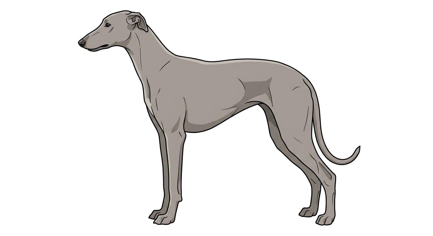Side profile illustration of a Rampur Greyhound showing the points of the breed standard