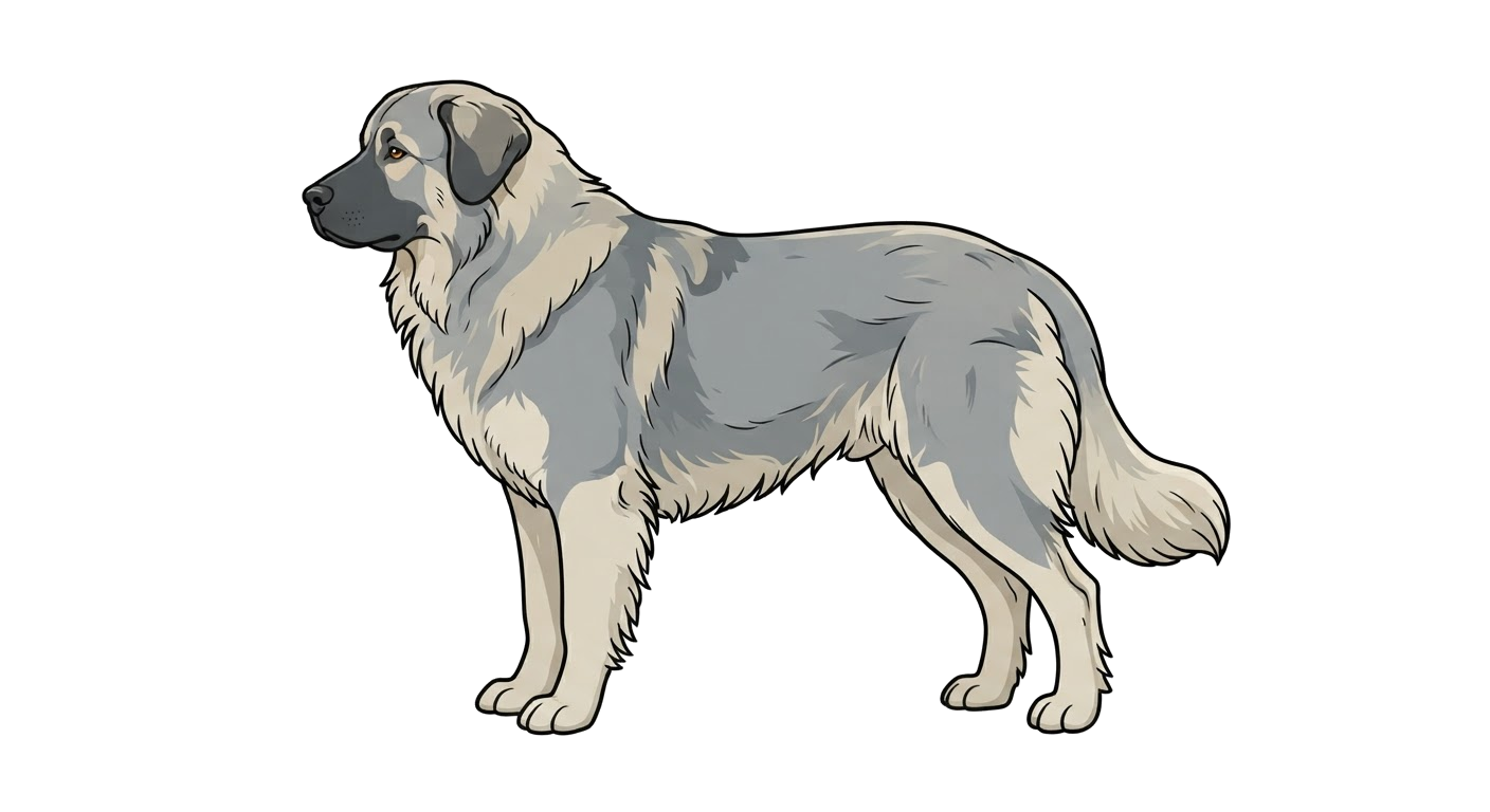 Side profile illustration of a Romanian Carpathian Shepherd Dog showing the points of the breed standard