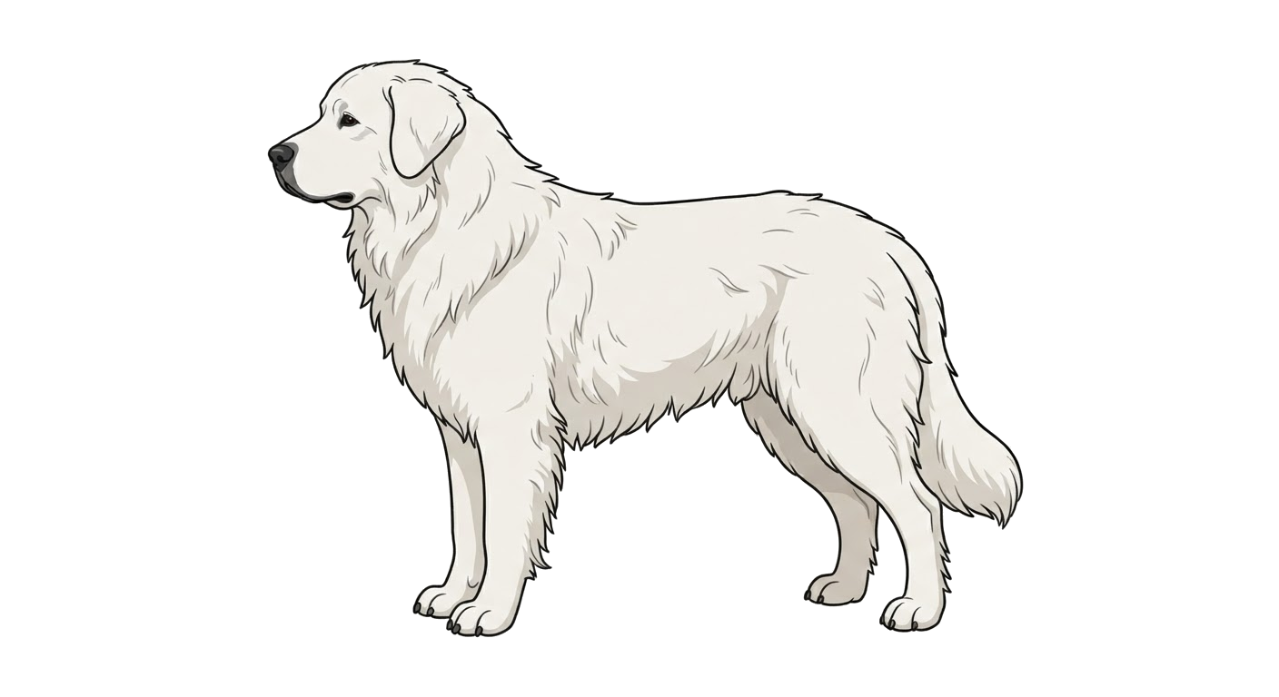 Side profile illustration of a Romanian Mioritic Shepherd Dog showing the points of the breed standard