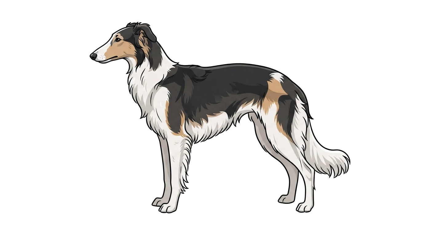 Side profile illustration of a Silken Windhound showing the points of the breed standard