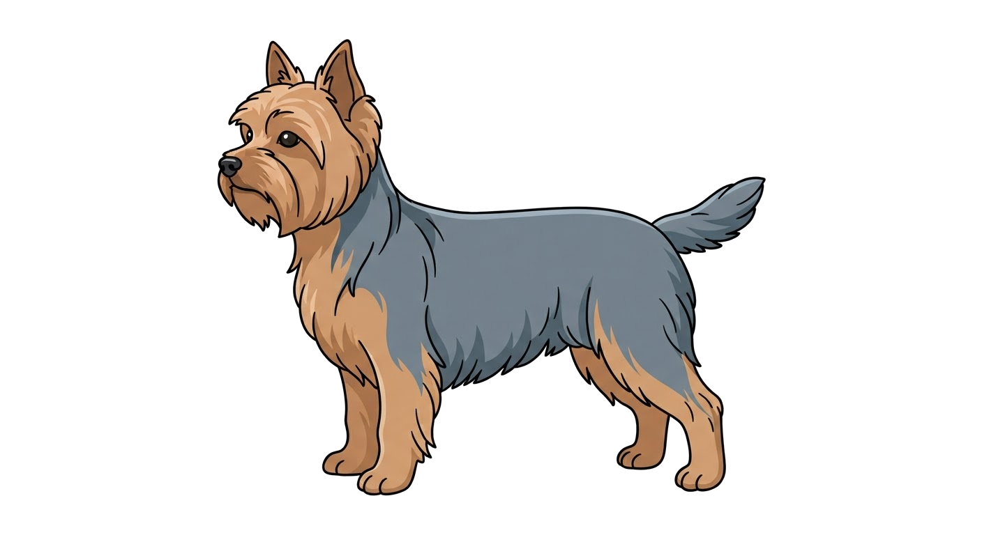 Side profile illustration of a Yorkshire Terrier showing the points of the breed standard